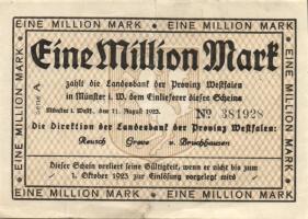 Német Birodalom/Weimari Köztársaság/Westfalen, Landesbank (Münster) 1923.8.11. 1000.000M T:II