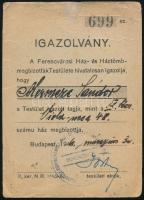1946 Ferencvárosi Ház- és Házmtömbmegbízottak Testülete igazolvány