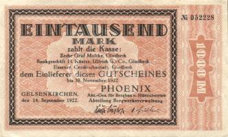 Német Birodalom/Weimari Köztársaság/Gelsenkirchen/Phoenix Akt.-Ges. für Bergbau u. Hüttenbetrieb 1922.11.30. 1000M T:II