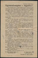 1919 Egyházközségek tagjaihoz a proletárdiktatúra után megrendült egyházi adófizetési kötelezettség helyreállítása tárgyában, román cenzurával. Röplap