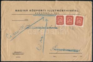1946 Hivatalos levél 43 db bélyeggel, először Budapestről Püspöknádasdra küldve, majd visszaküldve Budapestre / Official cover with 43 stamps, returned