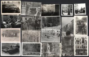 1956 Látványos fotó tétel a forradalom napjaiban szétlőtt Budapestről: romos épületek, szovjet harcjárművek, halottak, stb. Összesen 61 db fotó, a hátoldalon részben feliratozva, 5x5 cm és 14x11 cm közötti méretben.