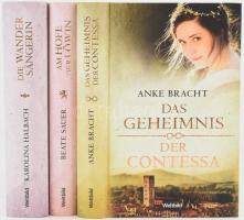 3 db német nyelvű regény: Bracht, Anke: Das Geheimnis der Contessa; Sauer, Beate: Am Hofe der Löwin; Halbach, Karolina: Die Wandersängerin. Augsburg, 2011-2013, Weltbild. Kiadói kartonált papírkötés.