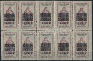 1925 Abauj-Torna vármegye 10.000K/1000K/20K ínségbélyeg 10-es tömb (rozsda) / block of 10 charity stamp