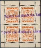 1948 Szikszó Vigalmi adó ellenőrzés illetékbélyeg négyestömb / block of 4 fiscal stamp