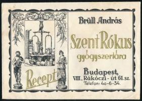 Budapest Brüll András Szent Rókus gyógyszertára receptboríték