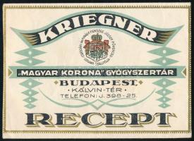 Budapest Kriegner Magyar Korona gyógyszertára receptboríték