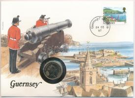 Guernsey 1987. 5p Cu-Ni felbélyegzett borítékban, bélyegzéssel, német nyelvű leírással T:1- Guernsey 1987. 5 Pence Cu-Ni in envelope with stamp, cancellation and a prospectus in german C:AU