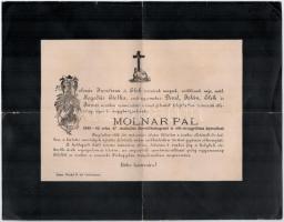 1888 Molnár Pál (1828-1888) 1848-1849-es szabadságharc 47. zászlóalj honvédfőhadnagyának, országgyűlési képviselőnek halálozási értesítője, hajtott, szakadt.