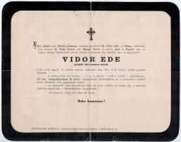 1885 Vidor Ede (1818-1885) órásmester halálozási értestője, hajtott, szakadt.