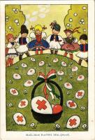 Kellemes Húsvéti ünnepeket! Magyar Ifjúsági Vöröskereszt Egyesület kiadása / Red Cross propaganda art postcard with Easter greeting, Hungarian folklore