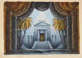 Oláh Gusztáv (1901-1956): 2 db színházi díszletterv, egy jelzett (Varázsfuvola, I. felvonás 3. kép),...