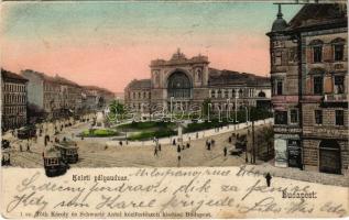 1904 Budapest VII. Keleti pályaudvar, vasútállomás, Baross szobor, villamosok, üzletek. Tóth Károly és Schwartz Antal kiadása (EB)