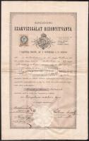 1883 Díszes erdőőri szakvizsga bizonyítvány 50 kr. okmánybélyeggel, aláírásokkal, szárazpecséttel, hajott.