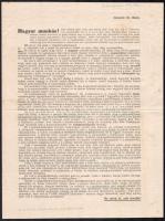 1919 Magyar munkás! Tanácsköztársaság ellenes, románok által cenzúrázott röplap, benne aláhúzásokkal, hajott
