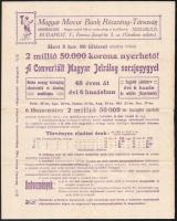 1911 Magyar Mercur Bank Rt. jelzálog sorsjegyének reklám prospektusa, hajtott, a hátoldalon ceruzás bejegyzésekkel.