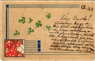 1909 Greeting art postcard with mushroom, clovers and spider web. ERIKA Nr. 3459. Art Nouveau, Emb. litho (apró lyuk / tiny pinhole)