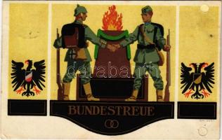1914 Bundestreue / WWI German and Austro-Hungarian K.u.K. military art postcard, Viribus Unitis propaganda with coats of arms. G.M. 4431. litho (r)