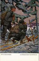 Schneeschuh-Patrouille. Opfertag-Postkarte / WWI German military art postcard, ski patrol s: O. Flechtner