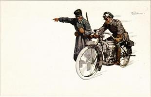 Opfertag-Postkarte / WWI German military art postcard, soldier with motorcycle s: K. W. Boehmer