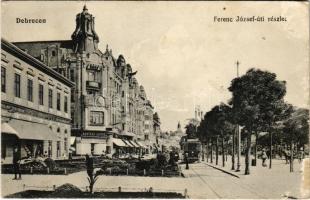 1915 Debrecen, Ferenc József úti részlet, villamos, Kontsek Kornél, Tóth Gyula üzlete. Aczél Henrik kiadása (EB)