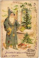 Boldog karácsonyi ünnepeket! / Christmas greeting art postcard with Saint Nicholas and gifts. Art Nouveau, Emb. litho (apró lyukak / tiny pinholes)