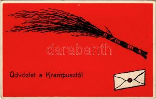 Üdvözlet a Krampusztól / Krampus art postcard with birch
