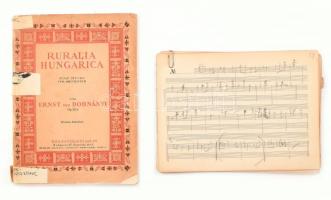 Dohnányi Ernő (1877-1960) zeneszerő autográf kottái 21, nagyrészt kétoldalas lap. +  Dohnányi, Ernst von: Ruralia Hungarica. Seven Pieces for Pianoforte. Op. 32/a - Budapest, cop. 1925, Rózsavölgyi & Co - Sérült kiadói papírkötésben