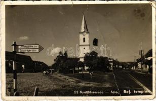 Nyárádszereda, Miercurea Nirajului; Fő tér, Református templom, ökrös szekér / main square, Calvinist church, ox cart (r)