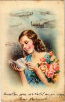 WWII Italian military art postcard, military aircrafts and lady. Cecami 1023. (fl)
