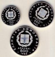 Görögország 1982. 100Dr Ag "Magasugrás", 250Dr "Diszkoszvetés", 500Dr "Futás", 3klf db, "Páneurópai Játékok" szettben T:PP Eredeti díszdobozban, tanúsítvánnyal!