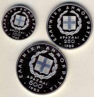 Görögország 1982. 100Dr Ag "Magasugrás", 250Dr "Súlylökés", 500Dr "Futás", 3klf db, "Páneurópai Játékok" szettben T:PP Eredeti díszdobozban, tanúsítvánnyal!