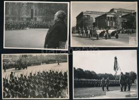 cca 1948 Budapest, május elsejei felvonulás Szakasit Árpád (1888-1965) köztársasági elnökkel, 4 db Magyar Film fotó, 9×12 cm