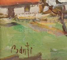 Bánfi jelzéssel: Tavaszi táj virágzó fákkal. Olaj, karton. Dekoratív, aranyozott fa keretben, láthat...