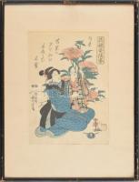 Japán fametszet, ismeretlen jelzéssel, feltehetően XIX. sz. művész: Anya gyermekével. Színes fametszet, papír, apró sérüléssel. Üvegezett, kissé sérült fakeretben. 34x23 cm