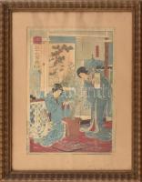 Japán fametszet, ismeretlen jelzéssel, feltehetően XIX. sz. művész: Gésák. Színes fametszet, papír, lap széle kissé sérült és foltos. Üvegezett, kissé sérült fakeretben. 33x23 cm