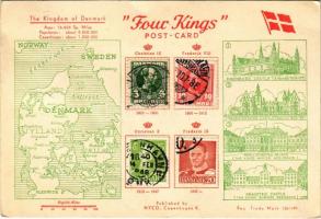 1954 The Kingdom of Denmark. Four Kings Postcard Christian IX, Frederik VIII, Christian X, Frederik IX. Kronborg Castle, Frederiksborg Castle, Amalienborg Palace, Graasten Castle, Danish flag, map (EK)