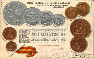LEspagne. Carte postale avec pavillon national pour faire connaitre le monnayage international / set of Spanish coins. Emb. litho (apró lyuk / tiny pinhole)