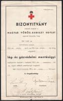 1936 Hódmezővásárhely, Magyar Vöröskereszt Egylet által kiállított lég- és gázvédelmi mentésügyi bizonyítvány