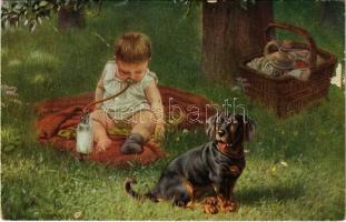 1917 Ein treuer Wächter / Dachshund dog with baby. Deutsche Meister No. 4406. s: Steinmetz-Noris (Rb)