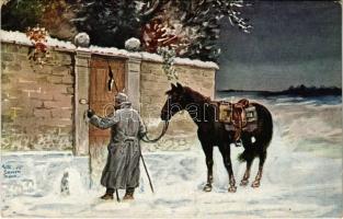 Verirrt in Feindesland / WWI German military art postcard, soldier with horse. Moderne Meister A.R. & C.i.B. No. 96. s: Willi Scheuermann (EK)