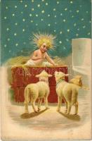 Christmas greeting art postcard with sheep. litho (EK)