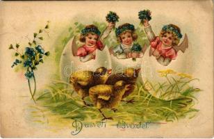 1914 Húsvéti üdvözlet / Easter greeting art postcard, girls with eggs and chicken. Emb. litho (lyuk / pinhole)