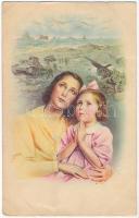 1943 WWII Italian military art postcard, tanks and lady with child. Cecami 1023. s: Collino (EB)