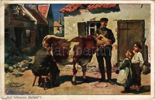 1917 Auf höheren Befehl / WWI German military art postcard, soldiers milking a cow s: Wilhelm Roegge (EB)