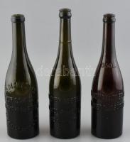 3 db régi sörösüveg (Brecher Albert Dreher ser, Weisz Márton és Fia, Hódmezővásárhely), dombornyomott, anyagában színezett üveg, koruknak megfelelő állapotban, m: 28-29,5 cm