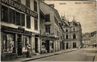 Baden, Badstraße, Warenhaus A. Knopf, Restaurant Salmen / street view, warehouse, Jewish restaurant, bank (pinhole)