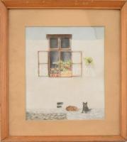 Elek jelzéssel: Kiskutya és a cica. Akvarell, ceruza, papír, 27,5x24,5 cm. Jobb felső sarkában kissé foltos. Üvegezett fakeretben.