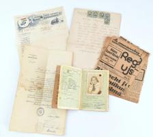 Régi útlevél, fejléces számla, néhány egyéb papírrégiség