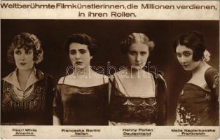Weltberühmte Filmkünstlerinnen, die Millionen verdienen, in ihren Rollen: Pearl White (Amerika), Franceska Bertini (Italien), Henny Porten (Deutschland), Melle Napierowska (Frankreich) (EK)